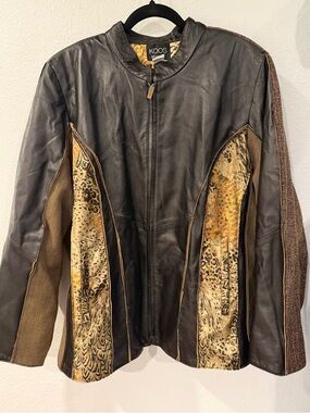 KOOS of Course!!Leather & Mixed-Media Dark Brown and animal print Women's Jacket